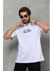 Erkek Kısa Kol Yazlık Tişört Bisiklet Yaka Baskılı Oversize T-shirt - Beyaz