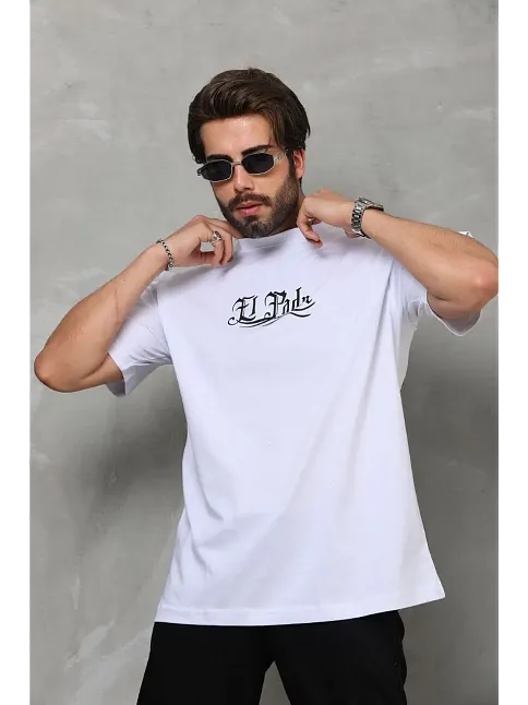 Erkek Kısa Kol Yazlık Tişört Bisiklet Yaka Baskılı Oversize T-shirt - Beyaz