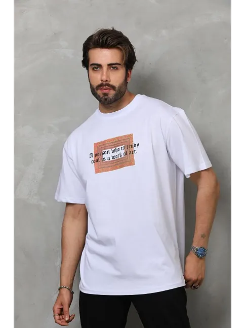 Erkek Baskılı T-shirt Kısa Kol Bisiklet Yaka Regular Fit Rahat Kalıp Tişört -  Beyaz
