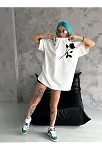 Kadın Bisiklet Yaka Baskılı Oversize  Kısa Kol T-shirt - Beyaz