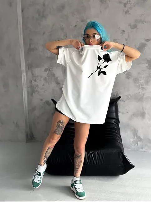 Kadın Bisiklet Yaka Baskılı Oversize  Kısa Kol T-shirt - Beyaz