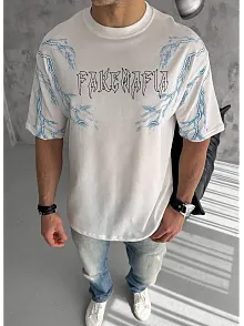 Erkek Bisiklet Yaka Yıldırım Baskılı  Kısa Kol T-shirt - Beyaz