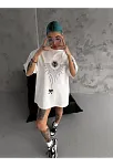 Kadın Bisiklet Yaka Baskılı Oversize  Kısa Kol T-shirt - Beyaz