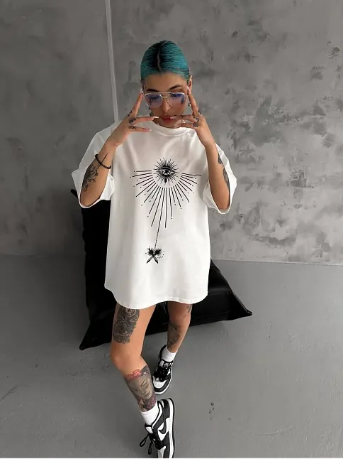 Kadın Bisiklet Yaka Baskılı Oversize  Kısa Kol T-shirt - Beyaz