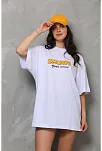 Kadın Bisiklet Yaka Baskılı Oversize T-shirt - Beyaz