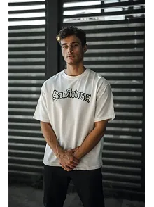 Erkek Kısa Kol Yazlık Tişört Bisiklet Yaka Baskılı Oversize T-shirt - Beyaz