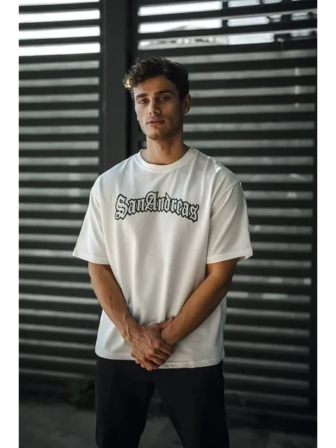 Erkek Kısa Kol Yazlık Tişört Bisiklet Yaka Baskılı Oversize T-shirt - Beyaz
