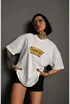 Kadın Bisiklet Yaka Baskılı Oversize Kısa Kol  T-shirt - Beyaz