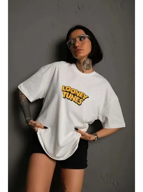 Kadın Bisiklet Yaka Baskılı Oversize Kısa Kol  T-shirt - Beyaz