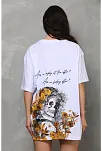 Kadın Kısa Kol Yazlık Tişört Bisiklet Yaka Baskılı Oversize T-shirt - Beyaz