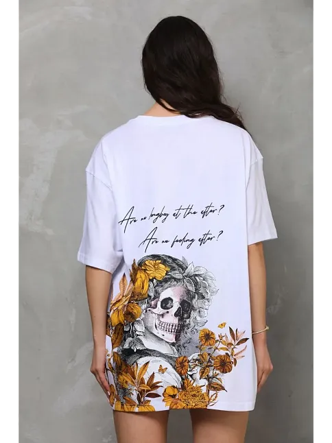 Kadın Kısa Kol Yazlık Tişört Bisiklet Yaka Baskılı Oversize T-shirt - Beyaz