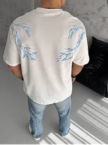 Erkek Bisiklet Yaka Tişört Yıldırım Şimşek Baskılı Kısa Kol T-shirt - Beyaz
