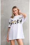Kadın Bisiklet Yaka Baskılı Oversize T-shirt - Beyaz