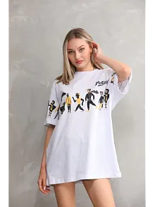 Kadın Bisiklet Yaka Baskılı Oversize T-shirt - Beyaz