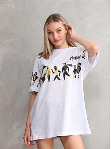 Kadın Bisiklet Yaka Baskılı Oversize T-shirt - Beyaz