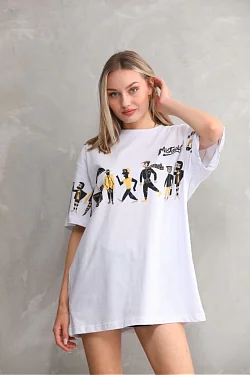 Kadın Bisiklet Yaka Baskılı Oversize T-shirt - Beyaz Kadın Bisiklet Yaka Baskılı Oversize T-shirt - Beyaz