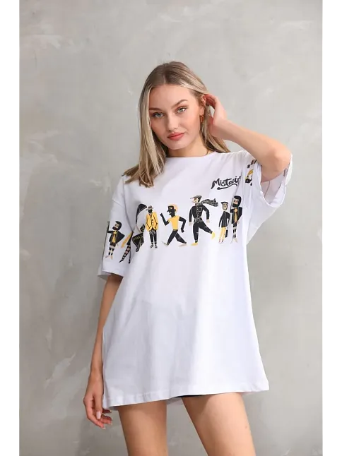 Kadın Bisiklet Yaka Baskılı Oversize T-shirt - Beyaz