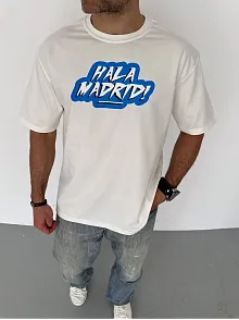 Erkek Kısa Kol Yazlık Tişört Bisiklet Yaka Baskılı Oversize T-shirt - Beyaz