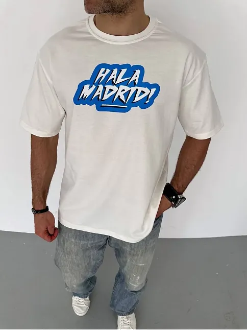 Erkek Kısa Kol Yazlık Tişört Bisiklet Yaka Baskılı Oversize T-shirt - Beyaz