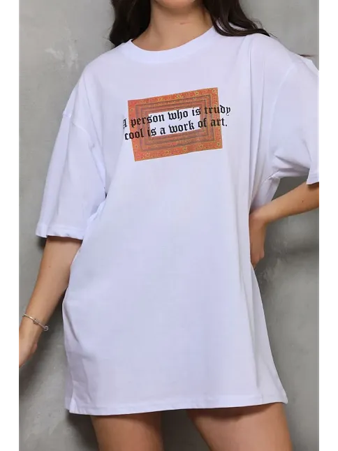 Kadın Baskılı T-shirt Kısa Kol Bisiklet Yaka Oversize Rahat Kalıp Tişört - Beyaz