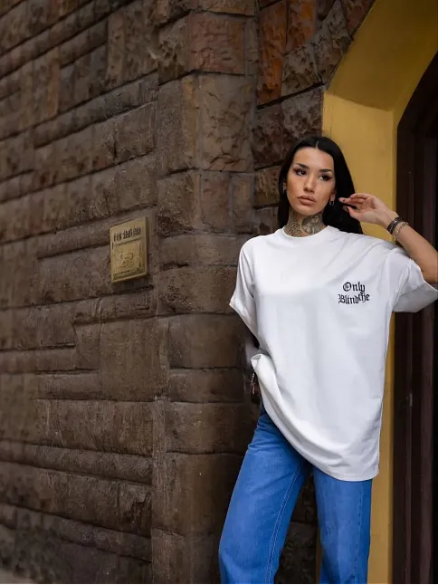 Kadın Tişort Bisiklet Yaka Baskılı Yazlık Kısa Kol Oversize T-shirt - Beyaz