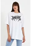 Kadın Baskılı T-shirt Kısa Kol Bisiklet Yaka Oversize Rahat Kalıp Günlük Tişört   - Beyaz