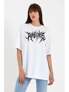 Kadın Baskılı T-shirt Kısa Kol Bisiklet Yaka Oversize Rahat Kalıp Günlük Tişört   - Beyaz
