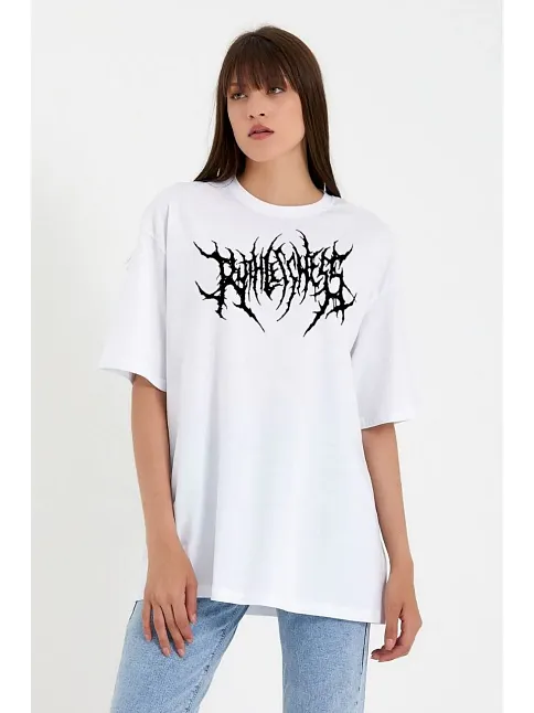 Kadın Baskılı T-shirt Kısa Kol Bisiklet Yaka Oversize Rahat Kalıp Günlük Tişört   - Beyaz