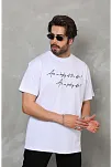 Erkek Kısa Kol Yazlık Tişört Bisiklet Yaka Baskılı Oversize T-shirt - Beyaz