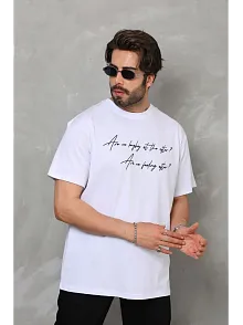 Erkek Kısa Kol Yazlık Tişört Bisiklet Yaka Baskılı Oversize T-shirt - Beyaz