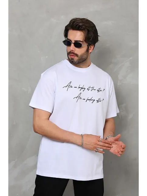 Erkek Kısa Kol Yazlık Tişört Bisiklet Yaka Baskılı Oversize T-shirt - Beyaz