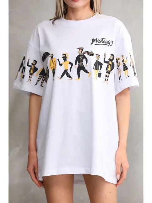 Kadın Bisiklet Yaka Baskılı Oversize T-shirt - Beyaz