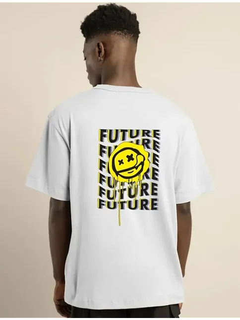 Erkek Kısa Kol Yazlık Tişört Bisiklet Yaka Baskılı Oversize T-shirt - Beyaz