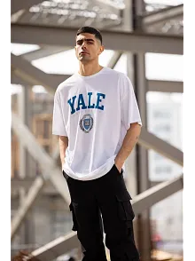 Erkek Kısa Kol Yazlık Tişört Bisiklet Yaka Yale Baskılı  T-shirt - Beyaz