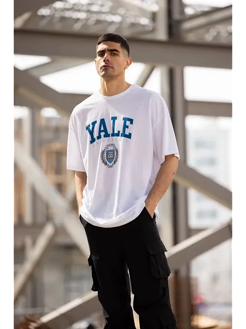 Erkek Kısa Kol Yazlık Tişört Bisiklet Yaka Yale Baskılı  T-shirt - Beyaz