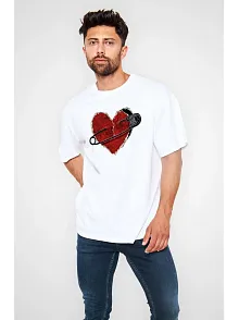 Erkek Kısa Kol Tişört Bisiklet Yaka Kalp Baskılı Oversize T-shirt - Beyaz