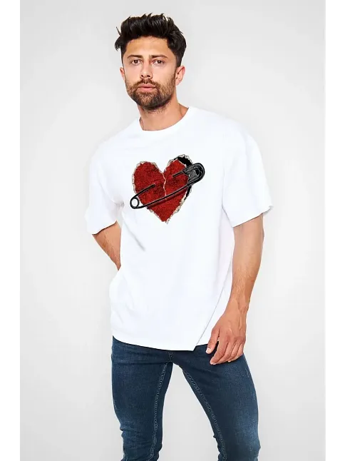 Erkek Kısa Kol Tişört Bisiklet Yaka Kalp Baskılı Oversize T-shirt - Beyaz