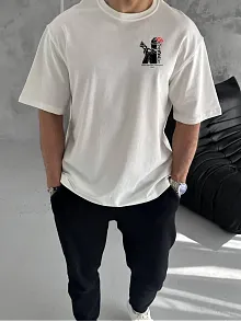 Erkek Kısa Kol Yazlık Tişört Bisiklet Yaka Baskılı Oversize T-shirt - Beyaz