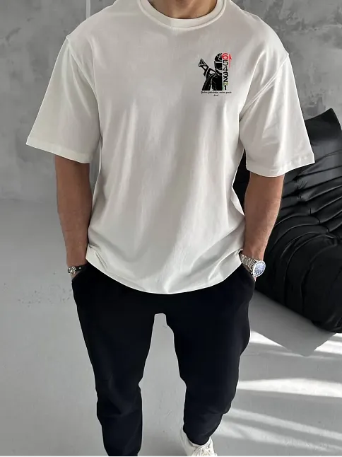 Erkek Kısa Kol Yazlık Tişört Bisiklet Yaka Baskılı Oversize T-shirt - Beyaz