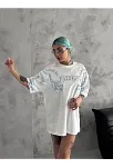 Kadın Bisiklet Yaka Yıldırım Baskılı Kısa Kol  T-shirt - Beyaz