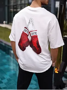 Erkek Kısa Kol Tişört Bisiklet Yaka Boxy Eldiven Baskılı T-shirt - Beyaz