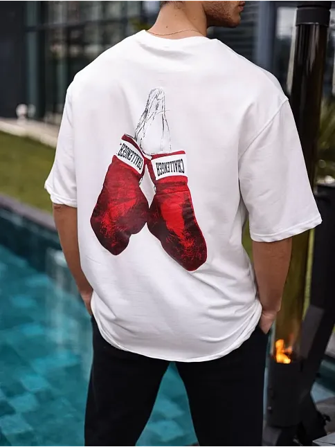 Erkek Kısa Kol Tişört Bisiklet Yaka Boxy Eldiven Baskılı T-shirt - Beyaz