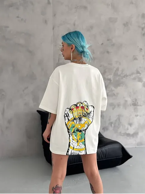 Kadın Kısa Kol Yazlık Tişört Bisiklet Yaka Baskılı Oversize T-shirt - Beyaz