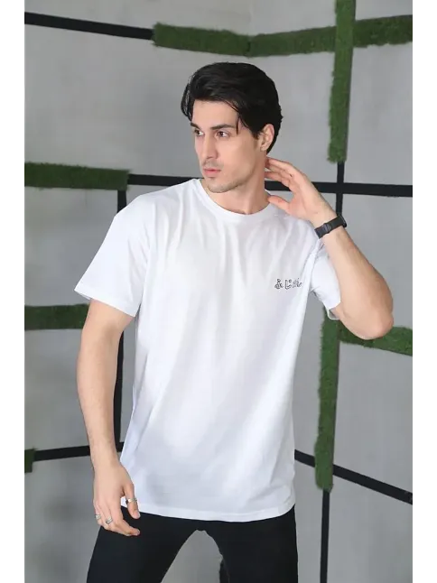 Erkek Kısa Kol Yazlık Tişört Bisiklet Yaka Baskılı Oversize T-shirt - Beyaz