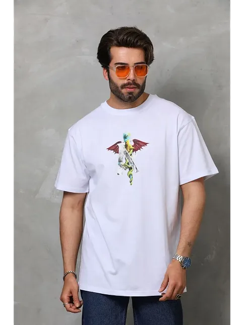 Erkek Baskılı T-shirt Kısa Kol Bisiklet Yaka Regular Fit Rahat Kalıp Tişört -  Beyaz