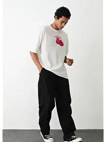 Erkek Boks Eldiven Baskılı T-shirt Kısa Kol Bisiklet Yaka Regular Tişört - Beyaz