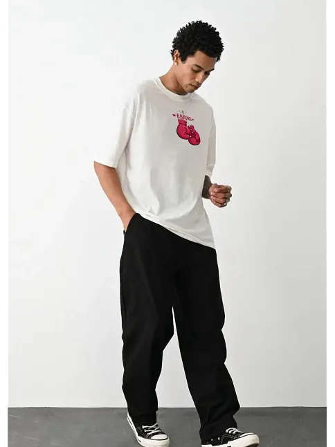 Erkek Boks Eldiven Baskılı T-shirt Kısa Kol Bisiklet Yaka Regular Tişört - Beyaz