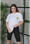 Kadın Bisiklet Yaka Baskılı Kısa Kol Oversize T-shirt - Beyaz