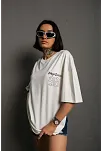Kadın Bisiklet Yaka Baskılı Oversize Kısa Kol  T-shirt - Beyaz