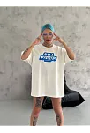 Kadın Kısa Kol Yazlık Tişört Bisiklet Yaka Baskılı Oversize T-shirt - Beyaz